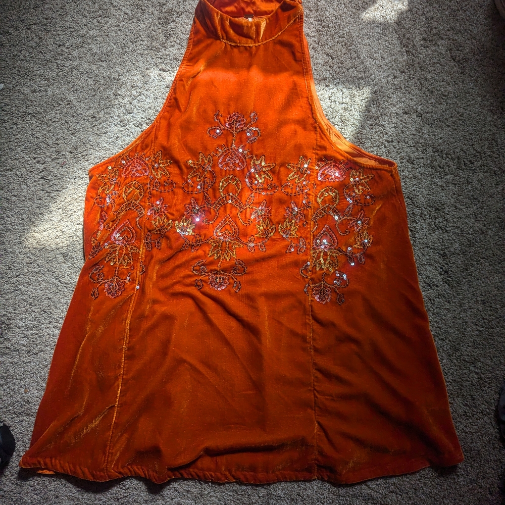 Free People Embroidered Orange Velvet Dress